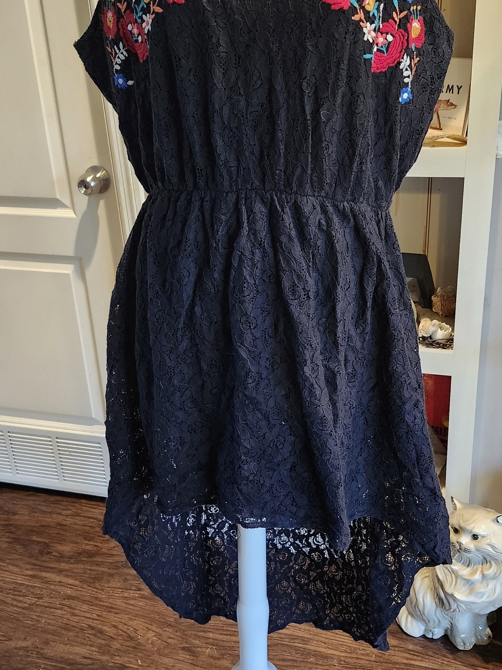 Xhilaration Navy Lace High-Low Dress with Colorful Floral Embroidery